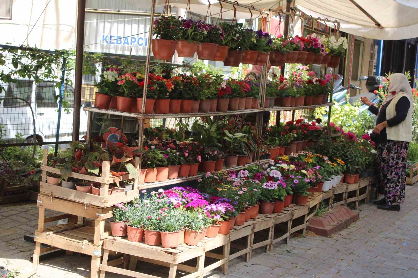 Rengarenk çiçekler tezgahları süslüyor