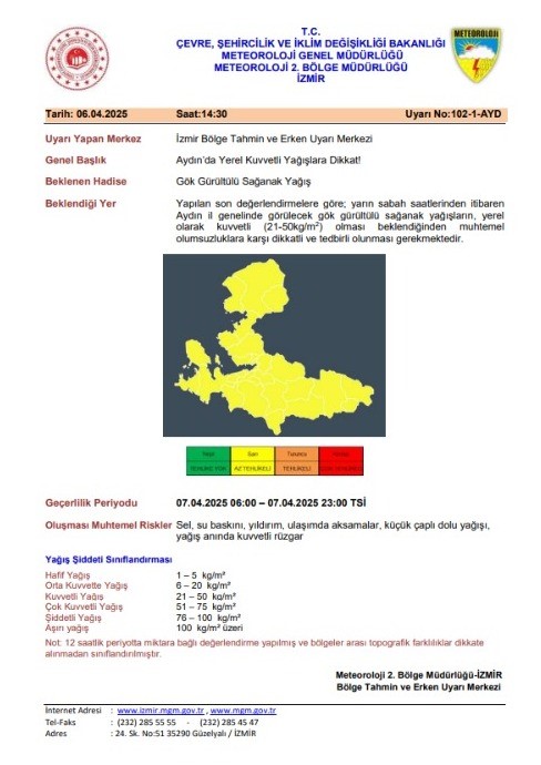 Aydın için ‘sarı kod’ verildi