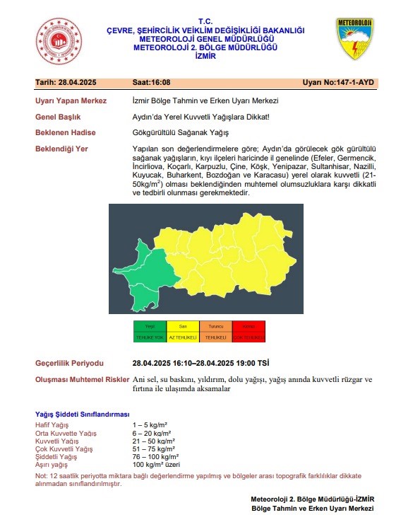 Aydın'a gök gürültülü sağanak yağış uyarısı